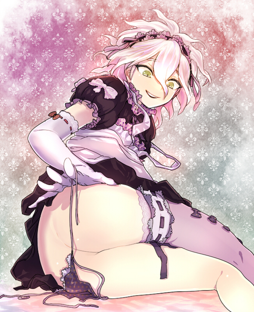 arm warmers, ass, asymmetrical legwear, crossdressing, danganronpa, femboy, gloves, green eyes, maid, maid outfit, maid uniform, male, nagito komaeda, nurse, nurse outfit, nurse uniform, panties, panties removed, solo, stockings, straight hair, strap slip, white hair