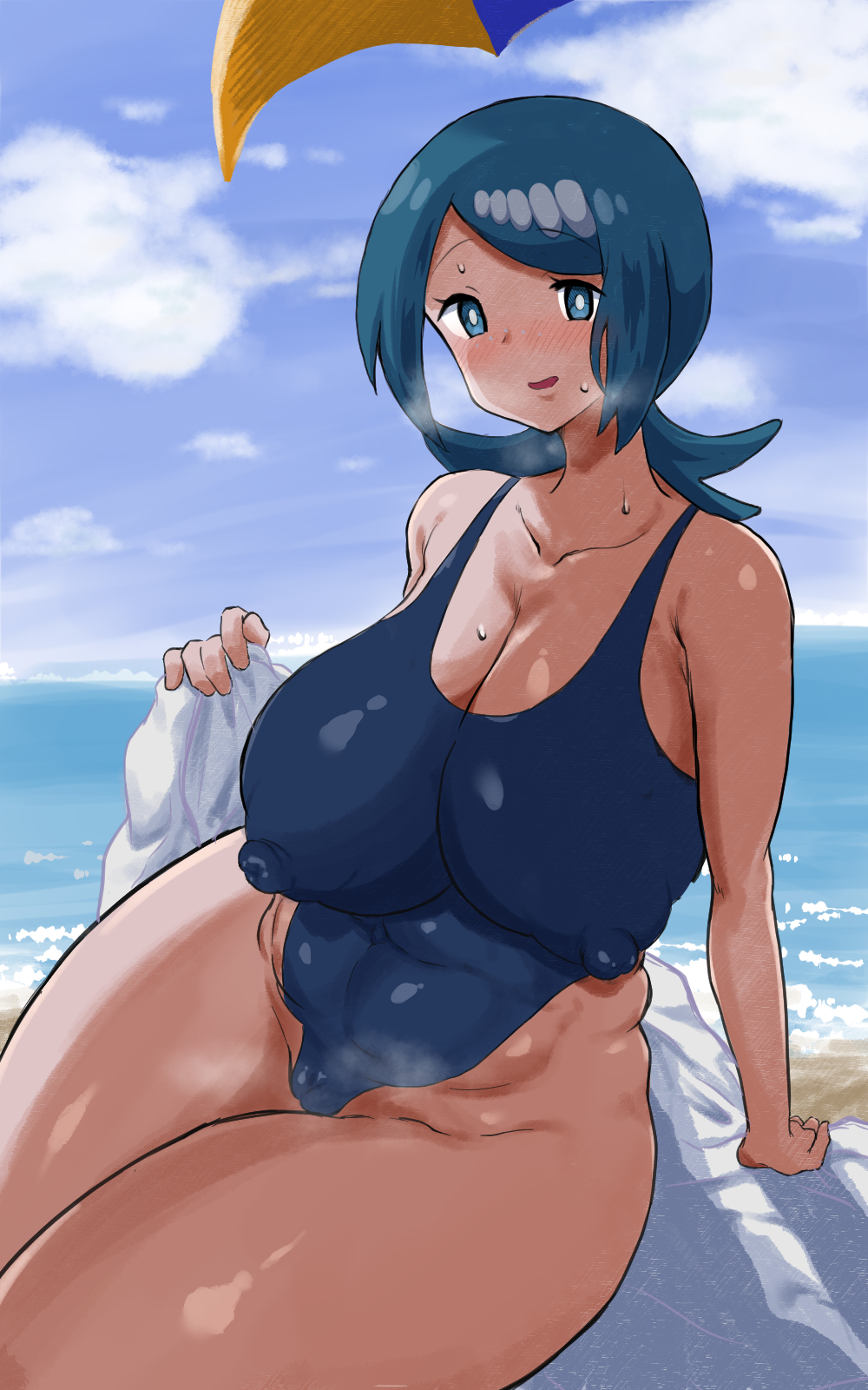 1girls beach big_breasts blue_eyes blue_hair blue_swimsuit blush breasts erect_nipples female female_only game_freak hair huge_breasts lana&#039;s_mother_(pokemon) looking_at_viewer mature mature_female mature_woman milf mother nipple_bulge nipples nipples_visible_through_clothing one-piece_swimsuit pokemon pokemon_sm pokori_po solo solo_female steam steamy_breath sweat sweatdrop swimsuit swimwear thick_thighs thighs towel