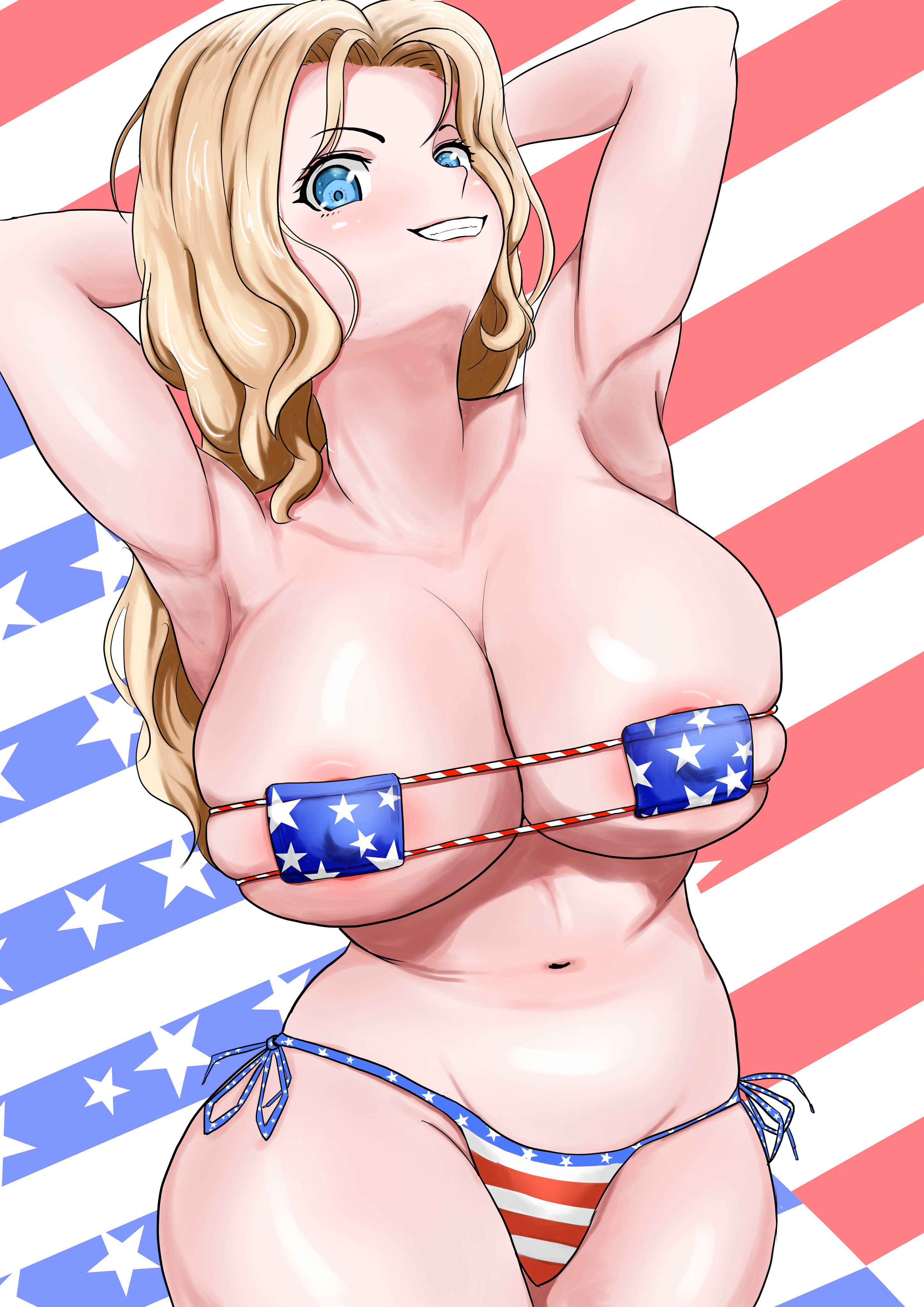 1girls, american flag, american flag background, american flag bikini, american flag print, armpits, arms up, bikini, blonde hair, blue eyes, blush, breasts, cleavage, eyepatch bikini, female, girls und panzer, kay (girls und panzer), large breasts, looking at viewer, navel, smile, solo, yahow