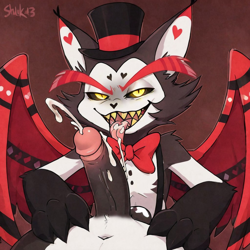 ai_generated anthro black_sclera blowjob catboy cum demon demon_boy felid feline furry hazbin_hotel husk_(hazbin_hotel) oral red_wings selfcest two_tone_fur wings yellow_eyes yellow_teeth