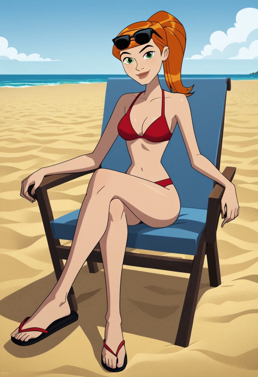 ai_generated beach beach_chair ben_10 ben_10_ultimate_alien bikini breasts cleavage feet female female_focus female_only flip_flops ginger ginger_hair gwen_tennyson medium_breasts orange_hair ponytail sandals