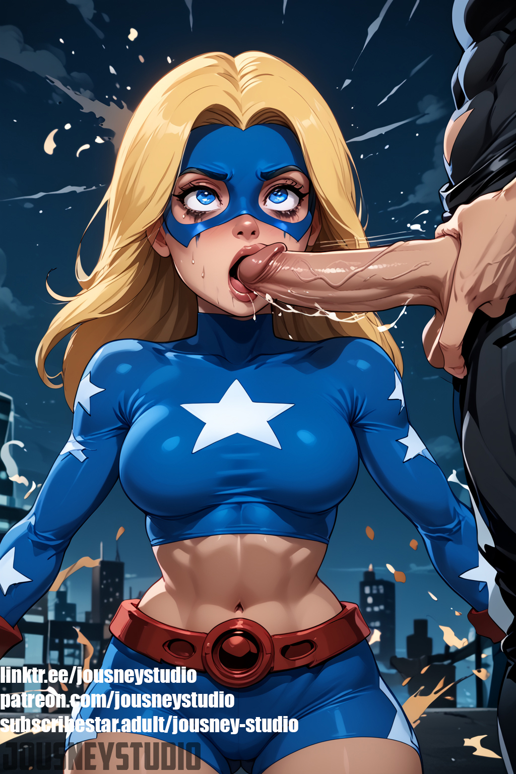 1boy 1girls abs ai-created ai_generated belt blonde_hair blowjob blue_eyes blush bodysuit breasts city clothing crop_top dc dc_comics domino_mask english_text erection fellatio female gwendolyn_maxine_stacy implied_deepthroat jousneystudio justice_society_of_america large_breasts large_penis licking light-skinned_female light_skin lips long_hair long_sleeves makeup male mascara mask medium_breasts midriff muscle navel night open_mouth oral outdoors penis petite runny_makeup saliva shorts skin_tight sky slender_waist slim solo_focus spider-gwen spider-man_(series) standing star_(symbol) stargirl stomach straight superhero superheroine thick_thighs thighs tongue uncensored veins veiny_penis
