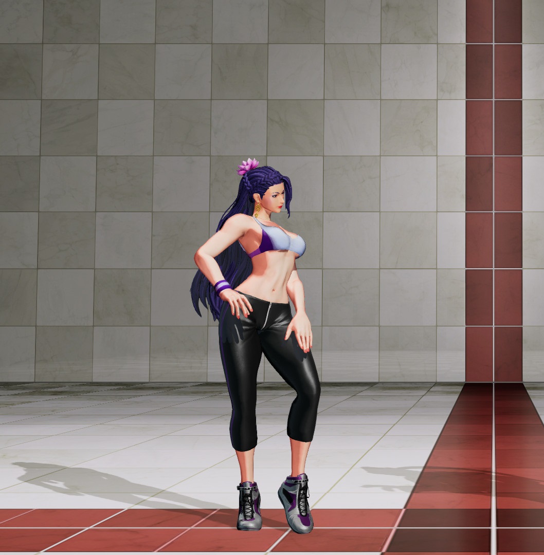 1girls athletic_female big_breasts braid busty earrings female flower flower_in_hair king_of_fighters light-skinned_female light_skin long_hair long_legs lotus luong_(kof) purple_eyes purple_hair shoes tall tall_female tank_top thick_thighs thighs tied_hair underboob voluptuous_female wide_hips yoga_pants