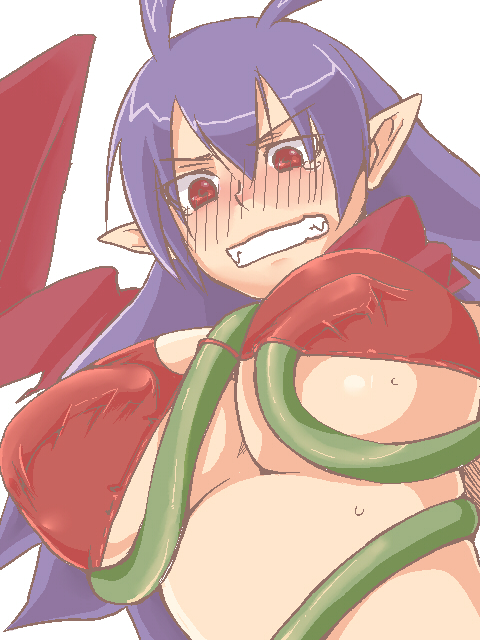 angry bikini_top blush breasts canon_genderswap clenched_teeth disgaea disgaea_d2 genderswap_(mtf) laharl laharl-chan large_breasts nippon_ichi_software sweat tentacle tentacles_on_breasts tentacles_under_clothes underboob