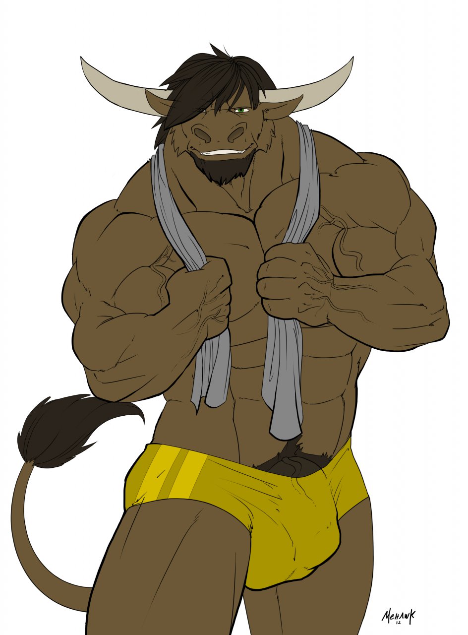 2012 anthro biceps big_muscles bovine brown_hair bulge cattle facial_hair goatee green_eyes hair horn housso looking_at_viewer male male_only mehawk muscles pecs penis plain_background pubes solo standing towel underwear vein