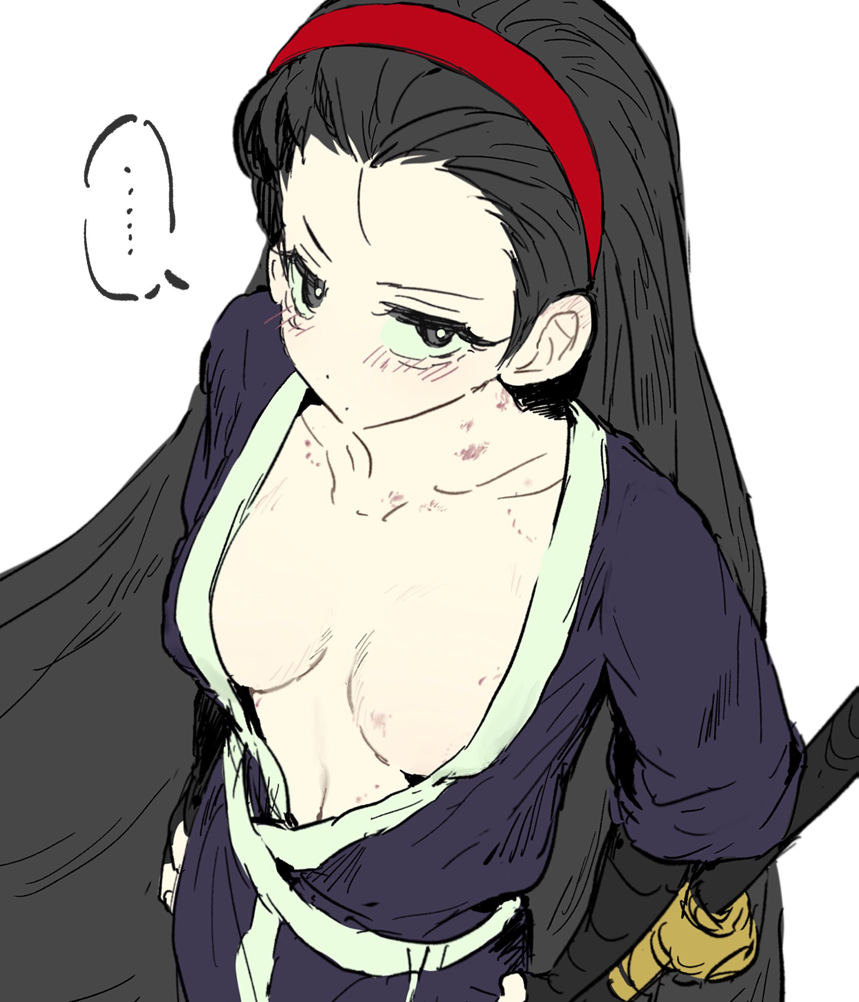 1girls, aeng-du (limbus company), azkyykza, black hair, breasts, cleavage, clothing, female, hairband, kemono, limbus company, long hair, open clothes, project moon, small breasts