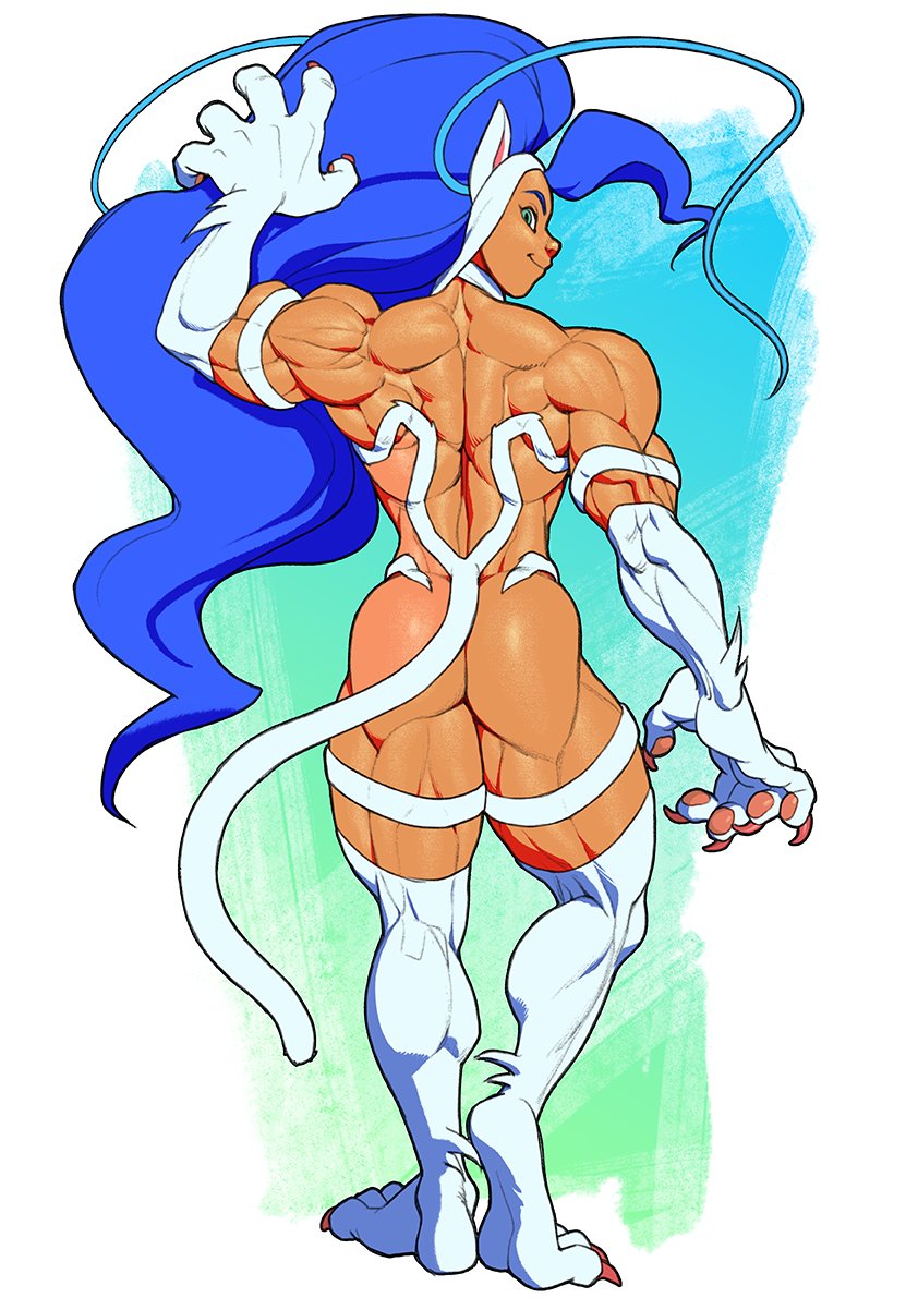 1girls ass athletic_female barefoot blue_eyes blue_hair calf_muscles cat_ears cat_tail catgirl claws darkstalkers felicia_(darkstalkers) fit_female looking_back monster_girl muscle_girl muscular_arms muscular_ass muscular_back muscular_female muscular_legs muscular_thighs naked_female nude_female pokkuti tail white_fur