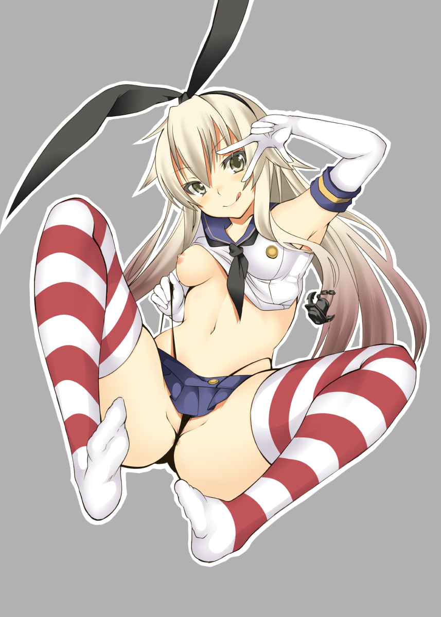 :q anchor bare_shoulders black_panties blonde_hair blush breasts daive elbow_gloves female flat_chest gloves green_eyes hair_ornament hair_ribbon highres kantai_collection long_hair looking_at_viewer navel nipples no_bra panties panty_pull personification ribbon sailor_collar shimakaze_(kantai_collection) shirt_lift sitting skirt solo spread_legs striped striped_legwear thighhighs tongue underwear v white_gloves