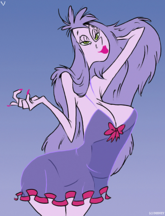 1girls, bimbo, breasts, clothes, disney, disney villains, female, female focus, female only, gilf, green eyes, hair, long hair, madam mim, mature female, nightgown, purple hair, simple background, slb, solo, solo female, solo focus, standing, the sword in the stone, witch