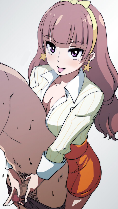 :p amanogawa_kirara breasts brown_hair censored cleavage clothing earrings female go!_princess_precure hairband handjob jewelry long_hair medium_breasts mosaic_censoring penis precure pretty_cure purple_eyes shimazu_tekkou solo_focus star star_earrings tied_hair tongue tongue_out twintails