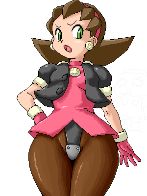 brown_hair capcom green_eyes hand_on_hip hips isu kobun lowres mega_man mega_man_legends oekaki pantyhose servbot tron_bonne wide_hips