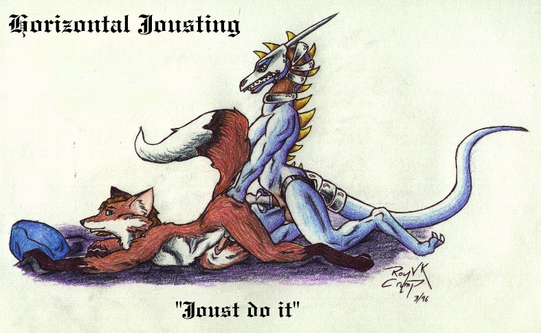 1990s 1996 20th_century anal anthro armor ass_up balls blue_body canine condom dragon english_text erection fox foxxfire from_behind fur furry furry_only gay holding_penis interspecies looking_back male no_humans nude penis raised_tail red_fur sex side_view text white_fur