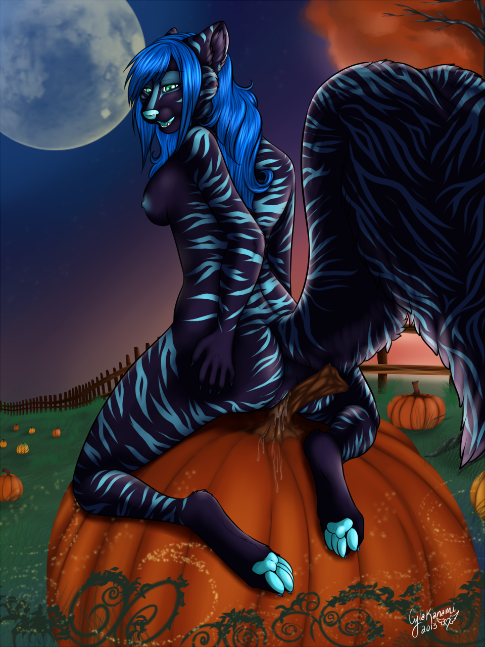 anthro ass ass_grab blue_hair blue_nipples blue_pussy breasts cyiakanami female furry hair kneeling masturbation night nude outside pawpads paws pumpkin pussy pussy_juice skunk solo stripes