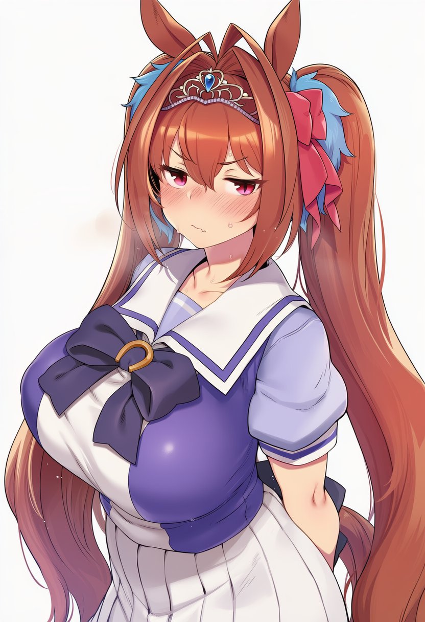 1girl, 1girls, ahoge, ai generated, animal ears, bangs, big breasts, blush, bow, bowtie, breasts, brown hair, daiwa scarlet (umamusume), eyebrows visible through hair, female, female only, hair between eyes, hair intakes, horse ears, horse girl, horse tail, huge breasts, long hair, looking at viewer, pleated skirt, purple bow, sailor collar, school uniform, serafuku, shirt, short sleeves, skirt, solo, sweat, tiara, twintails, umamusume, umamusume pretty derby, very long hair, white background, white skirt