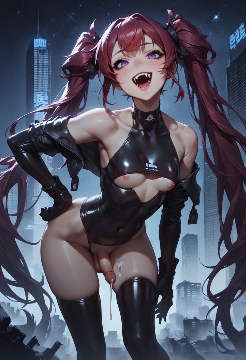 1futa abs ai_generated armpits balls bare_shoulders black_thighhighs bottomless bottomless_futanari breasts building city covered_navel cowboy_shot cum cum_drip cum_dripping_from_penis cum_on_penis dark_cultist dickgirl erect_penis erection fangs futa_only futa_sans_pussy futanari gloves hand_on_hip hard_cock jacket jacket_open latex leaning_forward long_hair long_sleeves looking_at_viewer navel night nipples open_jacket open_mouth outdoors outside partially_clothed penis self_upload skindentation sky slender_body slim small_breasts smile solo solo_futa standing thighhighs twintails underboob very_long_hair