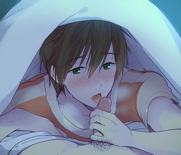 blowjob blush brown_hair face_closeup gay green_eyes holding_penis looking_at_viewer orange_shirt tongue_out under_blanket under_covers under_sheets yaoi