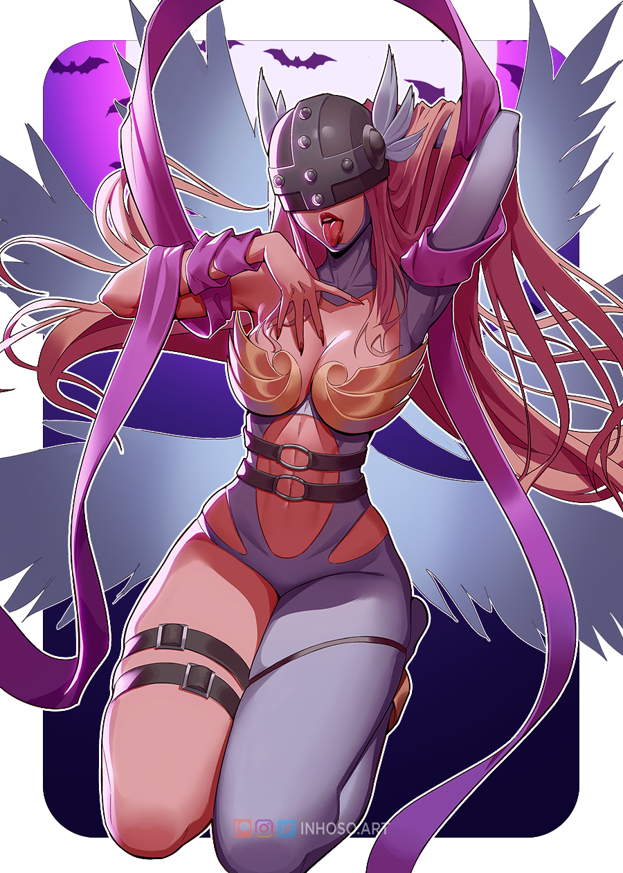 1girls 2023 angel angel_wings angewomon arm_behind_head blonde_hair digimon digimon_(species) female female_only helmet inhoso kneeling long_hair open_mouth solo thick_thighs tongue_out wings