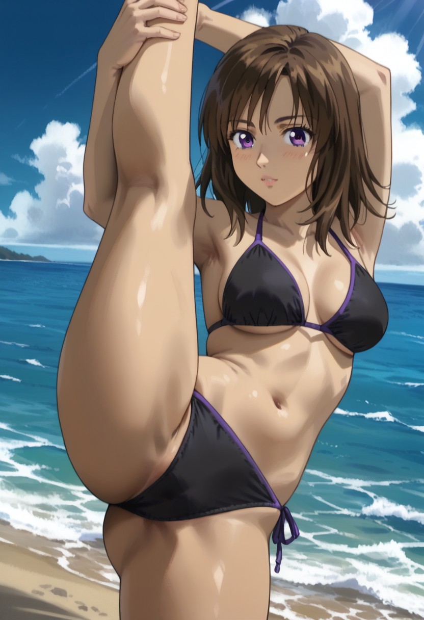 ai_generated beach black_bikini brown_hair cowboy_shot female initial_d kyoko_iwase leg_hold leg_lift medium_breasts medium_hair ocean purple_eyes side-tie_bikini side-tie_panties solo standing_on_one_leg standing_split sunshine