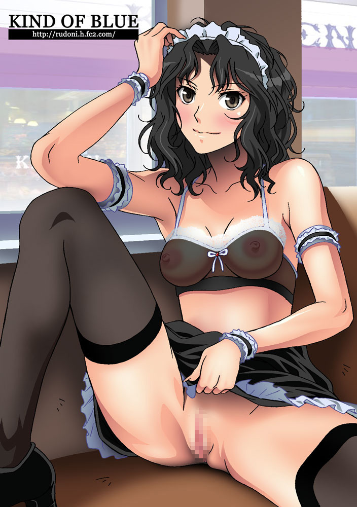 amagami arm_garter censored female looking_at_viewer maid_headdress nipples no_panties rudoni see-through sheer sitting smile solo spread_legs tanamachi_kaoru thighhighs watermark wavy_hair