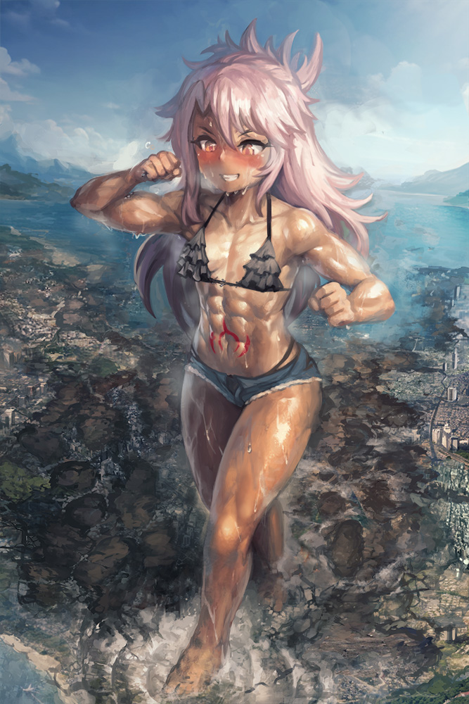 1girls abs blush chloe_von_einzbern city dark-skinned_female dark_skin destruction fate_(series) giantess giga_giantess muscular muscular_female pink_hair small_breasts smile sweat sweaty thighs walking yilx