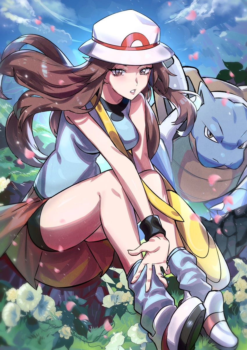 aged_up blastoise blue_body brown_hair cloud clouds cloudscape detailed_background flower_petals flowers grass hand_bag human human_female human_only leaf_(pokemon) light-skinned_female light_skin long_hair not_porn pink_petals pokemon pokemon_(species) pokemon_trainer ryairyai sfw shorts sitting sitting_on_ground skirt smile stockings turtle unknown_source wristband