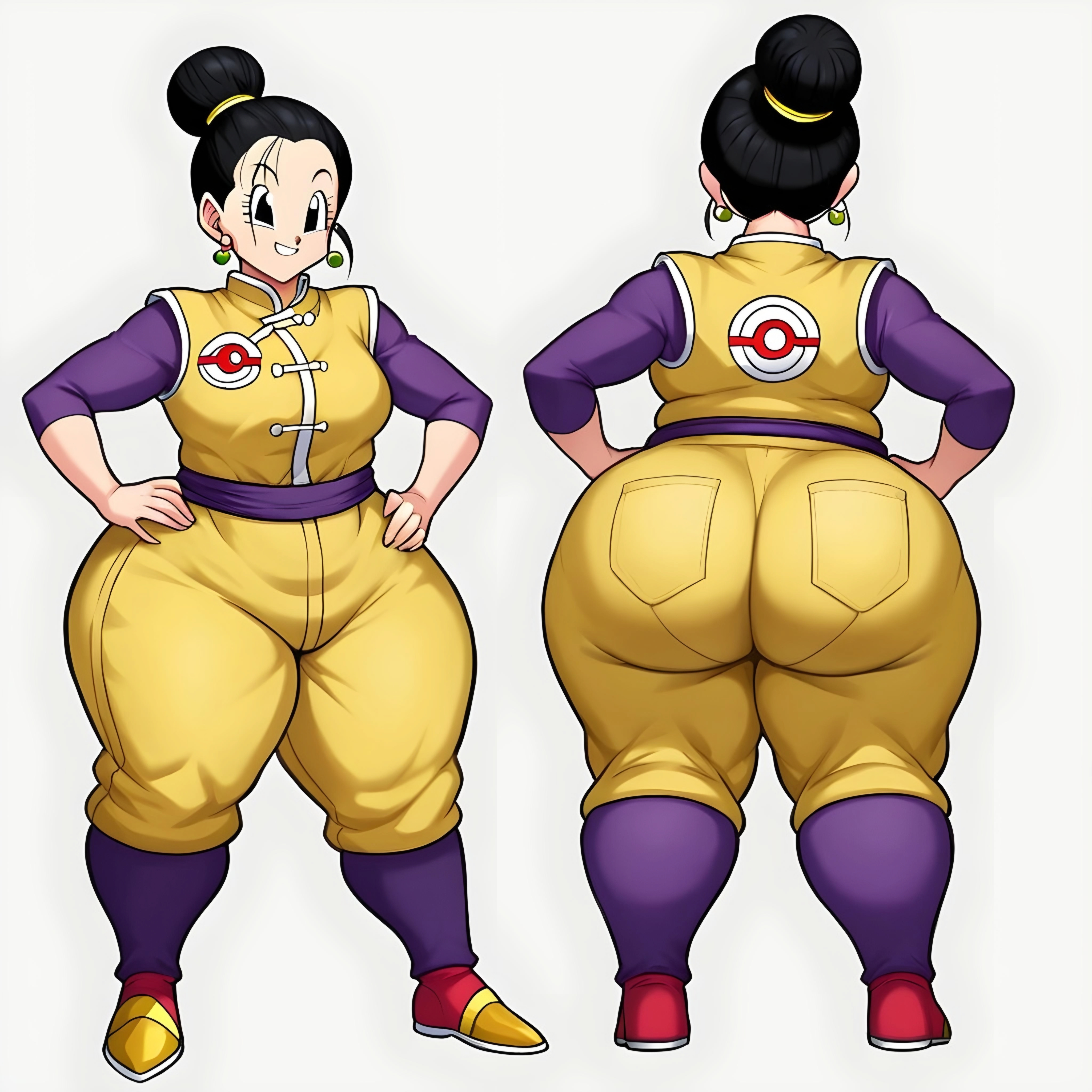 ai generated, ass, back view, big ass, big butt, black hair, bubble ass, bubble butt, chichi, dragon ball, dragon ball super, dragon ball z, fat ass, female, female focus, female human, female only, front view, full body, fully clothed, huge ass, huge butt, looking at viewer, milf, paag, simple background, thick, thick ass