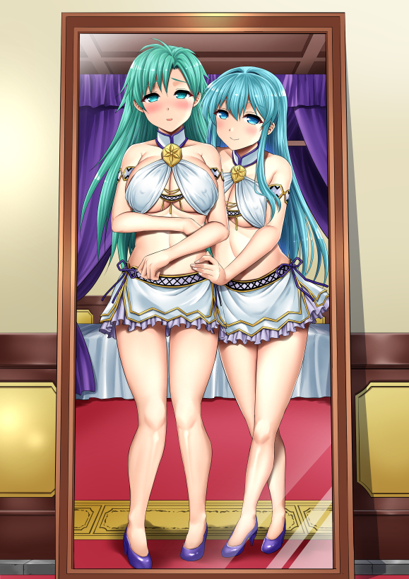 2girls alternate_costume aqua_eyes aqua_hair arm_under_breasts bare_arms bare_legs bare_midriff bare_shoulders bed bedroom blue_eyes blue_hair blush breasts cleavage collarbone covered_nipples eirika_(fire_emblem) embarrassed ephraim_(fire_emblem) female fire_emblem fire_emblem:_the_sacred_stones green_eyes green_hair high_heels indoors large_breasts legs long_hair looking_at_viewer medium_breasts midriff mirror multiple_girls nintendo open_mouth reflection rule_63 shoulders shy siblings sideboob sisters skirt slave smile tsubakiyama_parry underboob very_long_hair