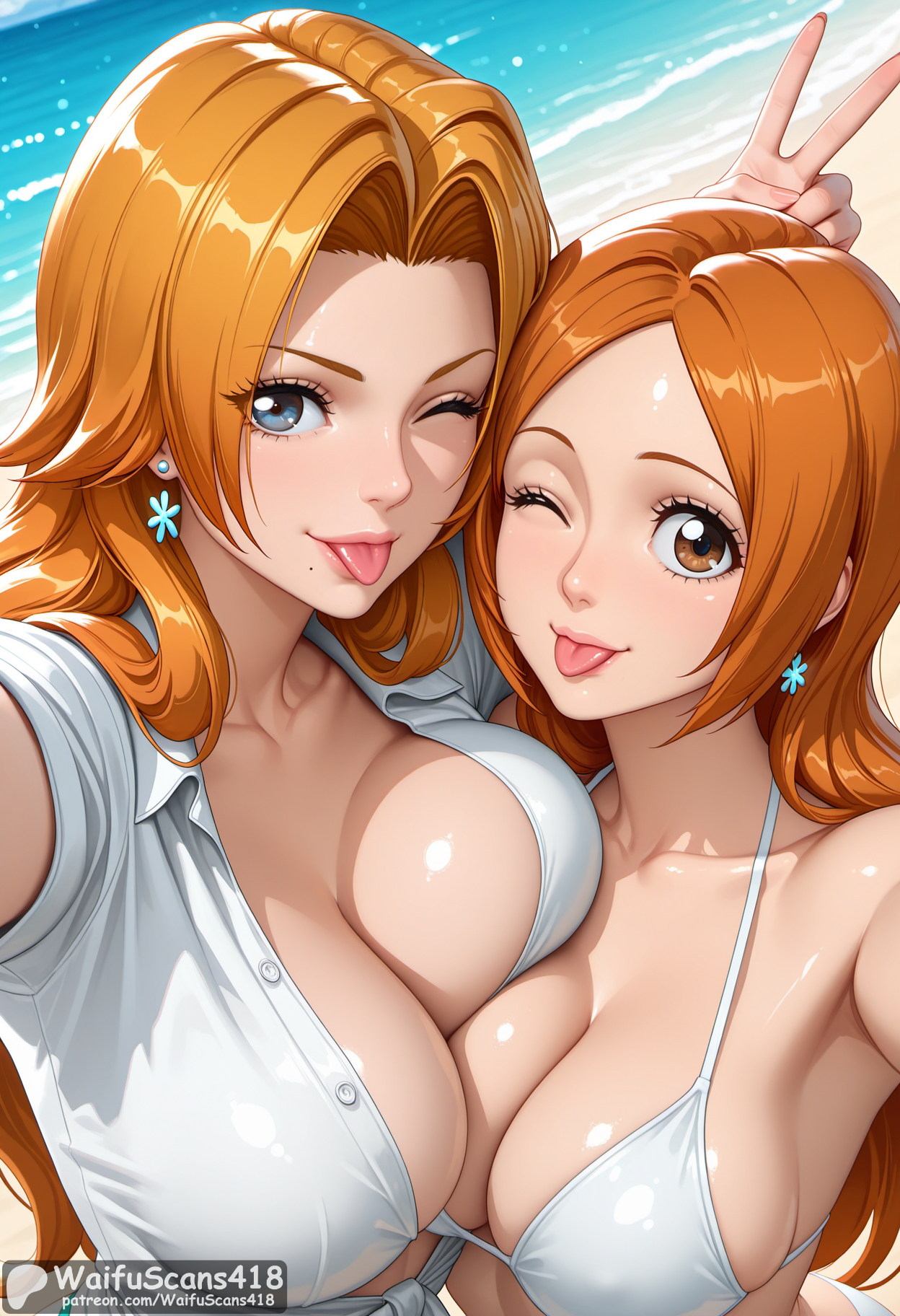 ;p, :p, 2girls, ai generated, asymmetrical docking, beach, big breasts, bikini, bleach, blue eyes, breast press, breasts, brown eyes, cleavage, collarbone, collared shirt, crossover, day, duo, earrings, female, female only, high resolution, highres, huge breasts, inoue orihime, jewelry, large breasts, light-skinned female, long hair, looking at viewer, matsumoto rangiku, mole, mole under mouth, multiple females, multiple girls, ocean, one eye closed, orange hair, outdoors, reaching towards viewer, selfie, shiny, shiny skin, shirt, smile, stable diffusion, swimsuit, symmetrical docking, tongue, tongue out, upper body, v, waifuscans418, white bikini, white shirt