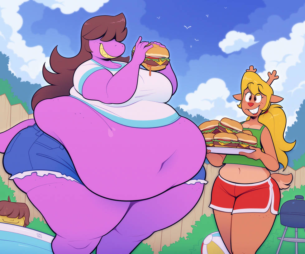 4th_of_july belly belly_bulge belly_button burger deltarune feedee feeder feederism feeding hidden hidden_face kris_(deltarune) noelle_(deltarune) obese obese_female ridiculouscake size_difference smile smirk sunny susie_(deltarune)