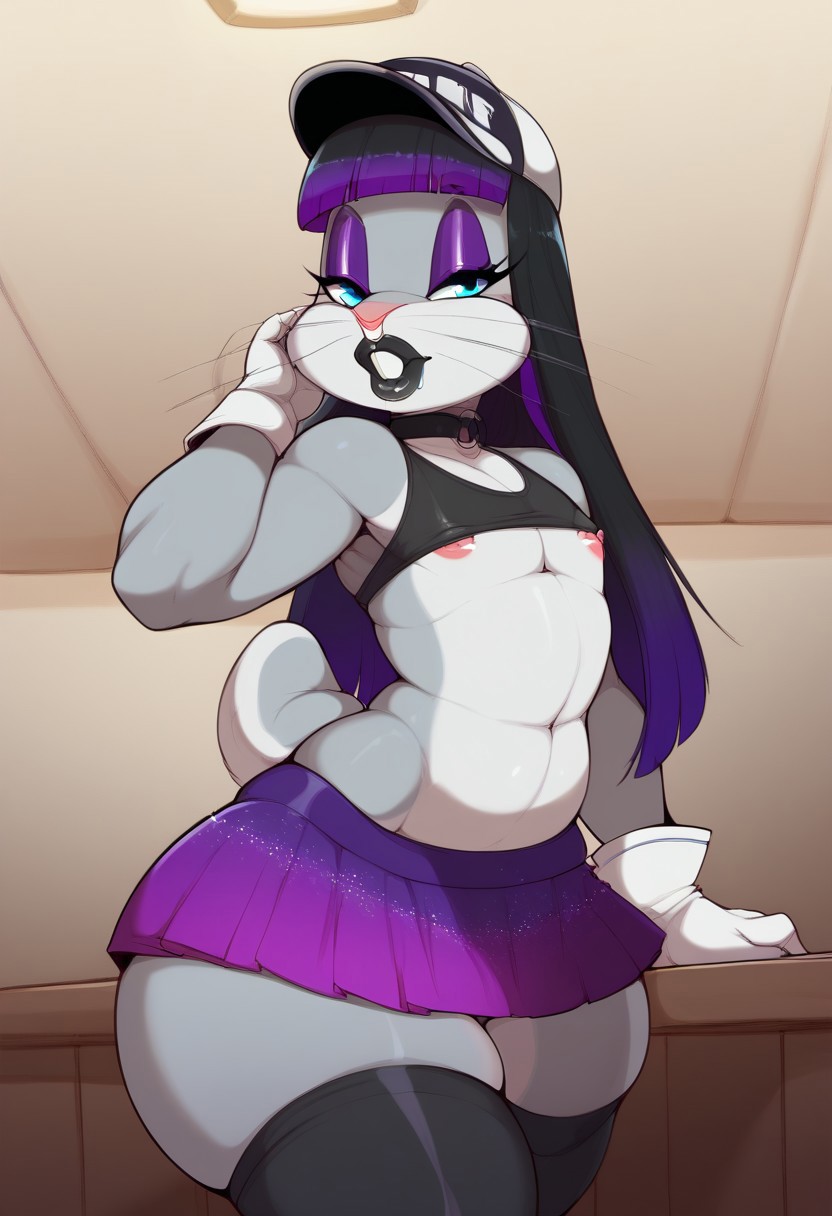 ai_generated anthro blonde_hair bugs_bunny crop_top girly lipstick looking_at_viewer looney_tunes makeup male_only nipples public ruined_makeup skirt stockings thick_thighs thighhighs