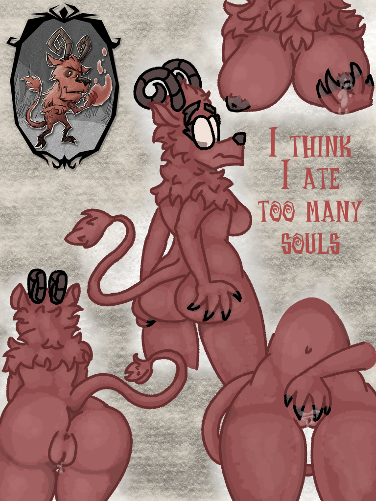 anthro ass bodily_fluids bovid breast_squish breasts caprine demon don't_starve female genital_fluids genitals goat horn klei_entertainment lactating mammal mtf_crossgender nude pussy rear_view red_body rule_63 solo squish text unknown_artist vaginal_fluids wortox