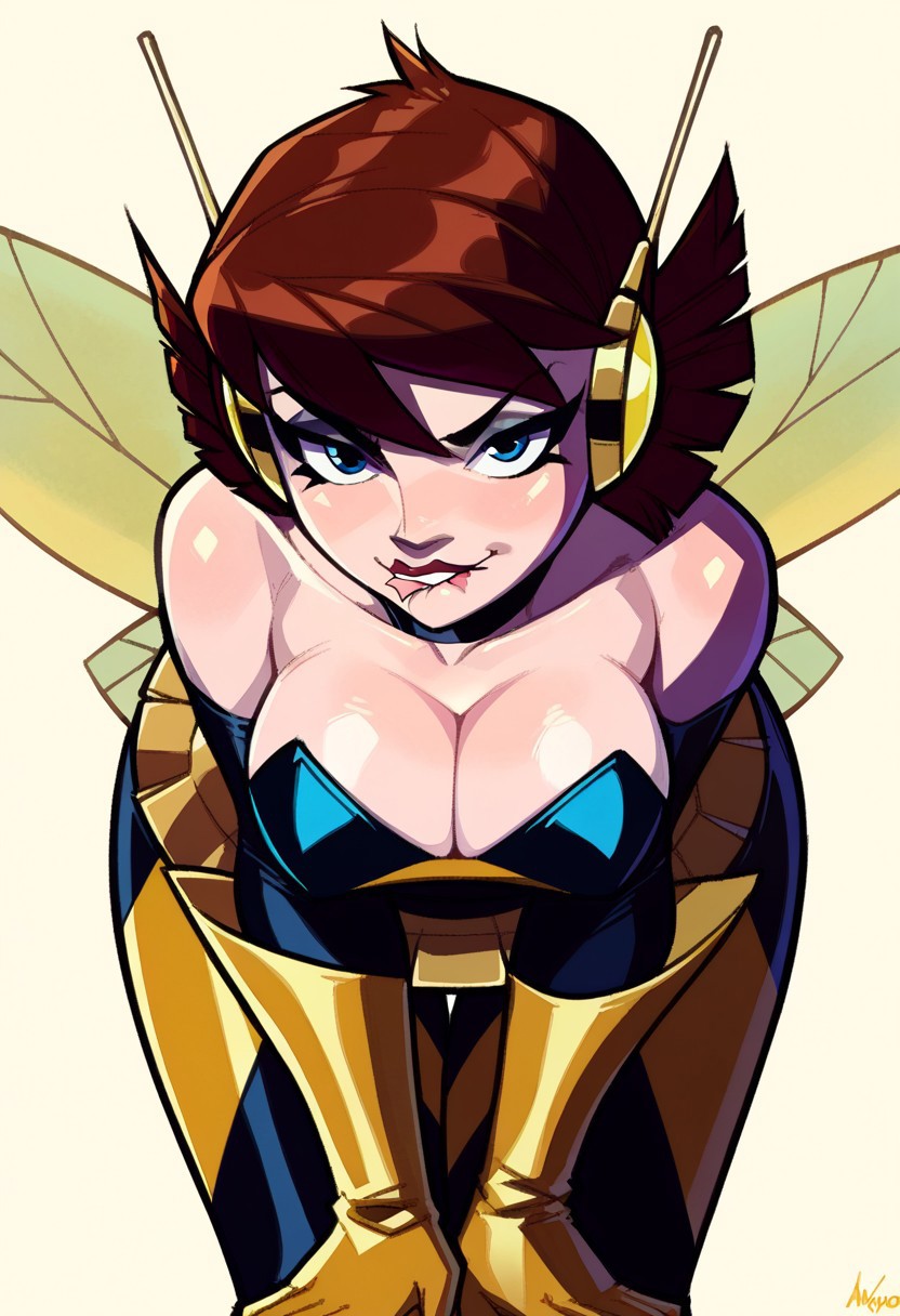 ai_generated avengers bare_shoulders big_breasts biting_own_lip choker cleavage demonsummonerai hands_on_knees horny_female janet_van_dyne makeup marvel marvel_comics seductive_look superheroine the_avengers:_earth's_mightiest_heroes thick_thighs thigh_gap wasp_(earth's_mightiest_heroes)