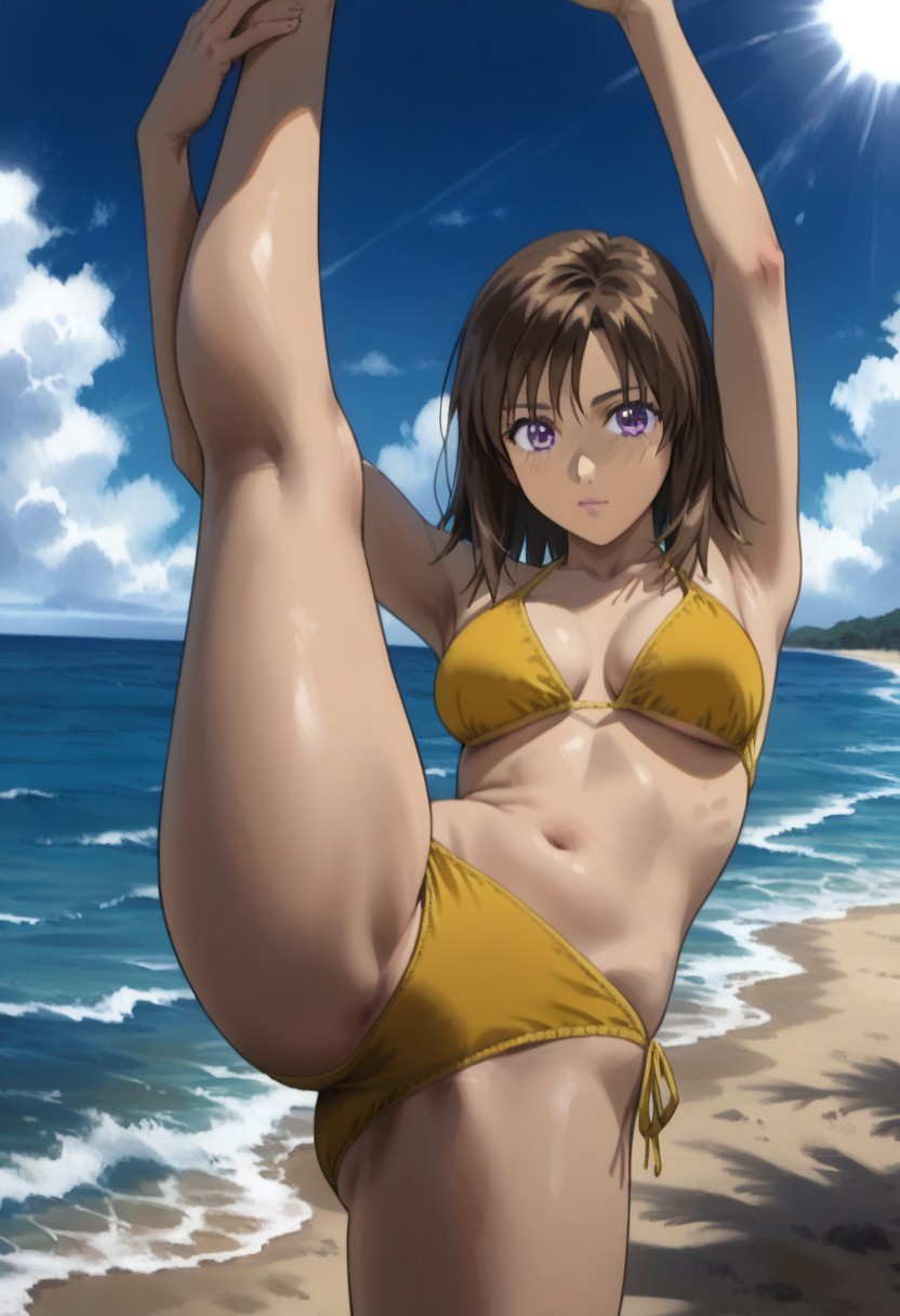 ai_generated beach brown_hair cowboy_shot female initial_d kyoko_iwase leg_hold leg_lift medium_breasts medium_hair ocean purple_eyes solo standing_on_one_leg standing_split sunshine yellow_bikini