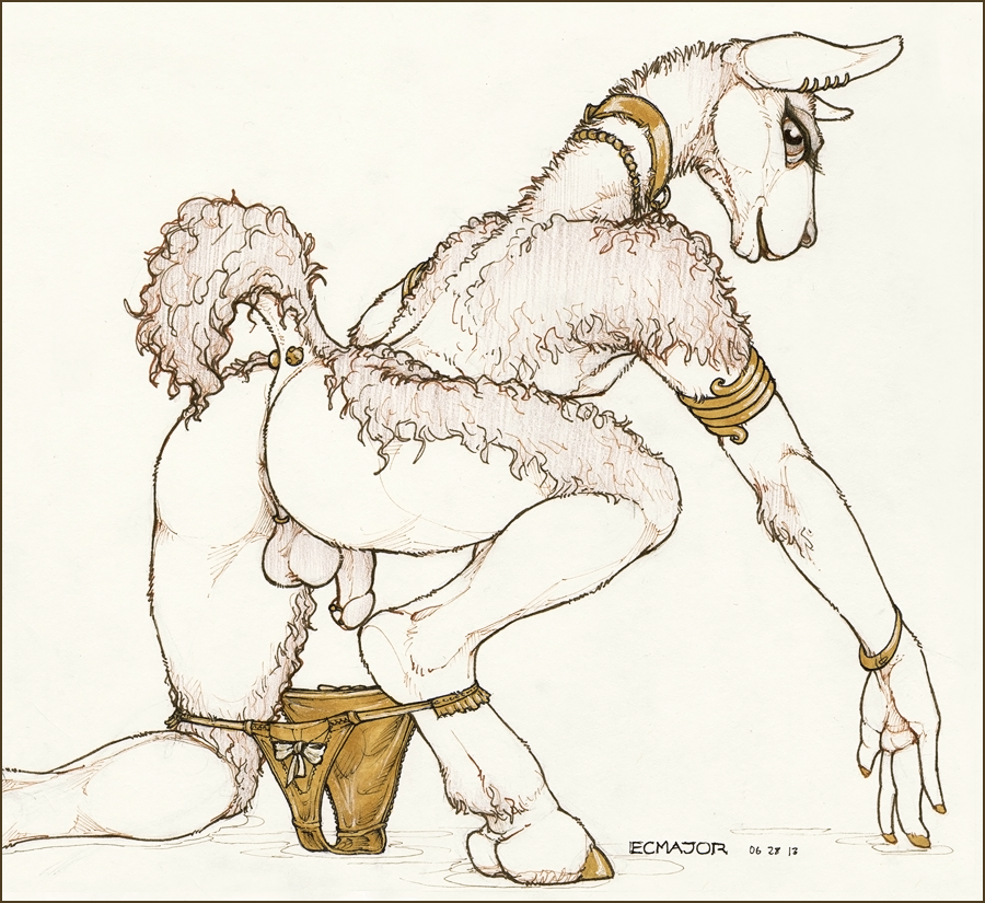 anthro anus bracelet camelid collar crouching digitigrade ear_piercing ecmajor furry guanaco hooved_fingers hooves jewelry llama looking_at_viewer male male_only panties penis piercing raised_tail santiago solo underwear