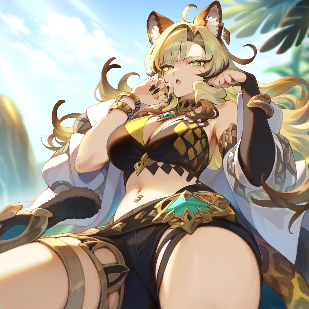 1girls, ai generated, big breasts, breasts, cat ears, cat girl, cat humanoid, cat tail, catgirl, feline, female, female only, first porn of character, genshin impact, hoyoverse, long hair, mihoyo, mihoyo technology (shanghai) co. ltd., solo, thick thighs, thighs, xilonen (genshin impact), yellow hair