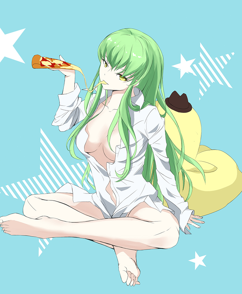 1girls ankles arm_support bare_calves bare_hands bare_knees bare_legs bare_skin bare_soles bare_thighs bare_toes barefoot belly blue_background breasts c.c. calves cheese-kun cleavage code_geass collarbone crossed_legs den_(kur0_yuki) dot_nose eating exposed exposed_belly exposed_breasts exposed_feet exposed_heels exposed_legs exposed_midriff exposed_thighs exposed_toes feet female female_focus female_only fingernails fingers full_body green_hair green_hair_female head_tilt high_resolution highres knees lean_body lean_figure legs legs_crossed light-skined_female light-skinned light-skinned_female light_skin light_skin_female light_skinned light_skinned_female long_hair looking_at_viewer medium_breasts open_clothes open_clothing open_shirt open_topwear pizza shirt shoulders simple_background sitting slender_body slender_waist slim_girl slim_waist soles solo teen_girl teenage_girl teenager thick_thighs thighs thin_waist tilted_head toes unbuttoned unbuttoned_shirt white-skinned_female white_shirt white_skin yellow_eyes yellow_eyes_female