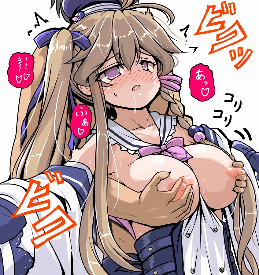 1boy alternate_costume between_breasts blush braid breasts brown_hair clothes_between_breasts collarbone commentary_request drooling female flower_knight_girl grabbing_another&#039;s_breast grabbing_from_behind groping hat heavy_breathing jacket long_hair nipple_stimulation nipple_tweak ojigisou_(flower_knight_girl) open_mouth side_braid sweat tsuzuri_(tuzuri) white_background