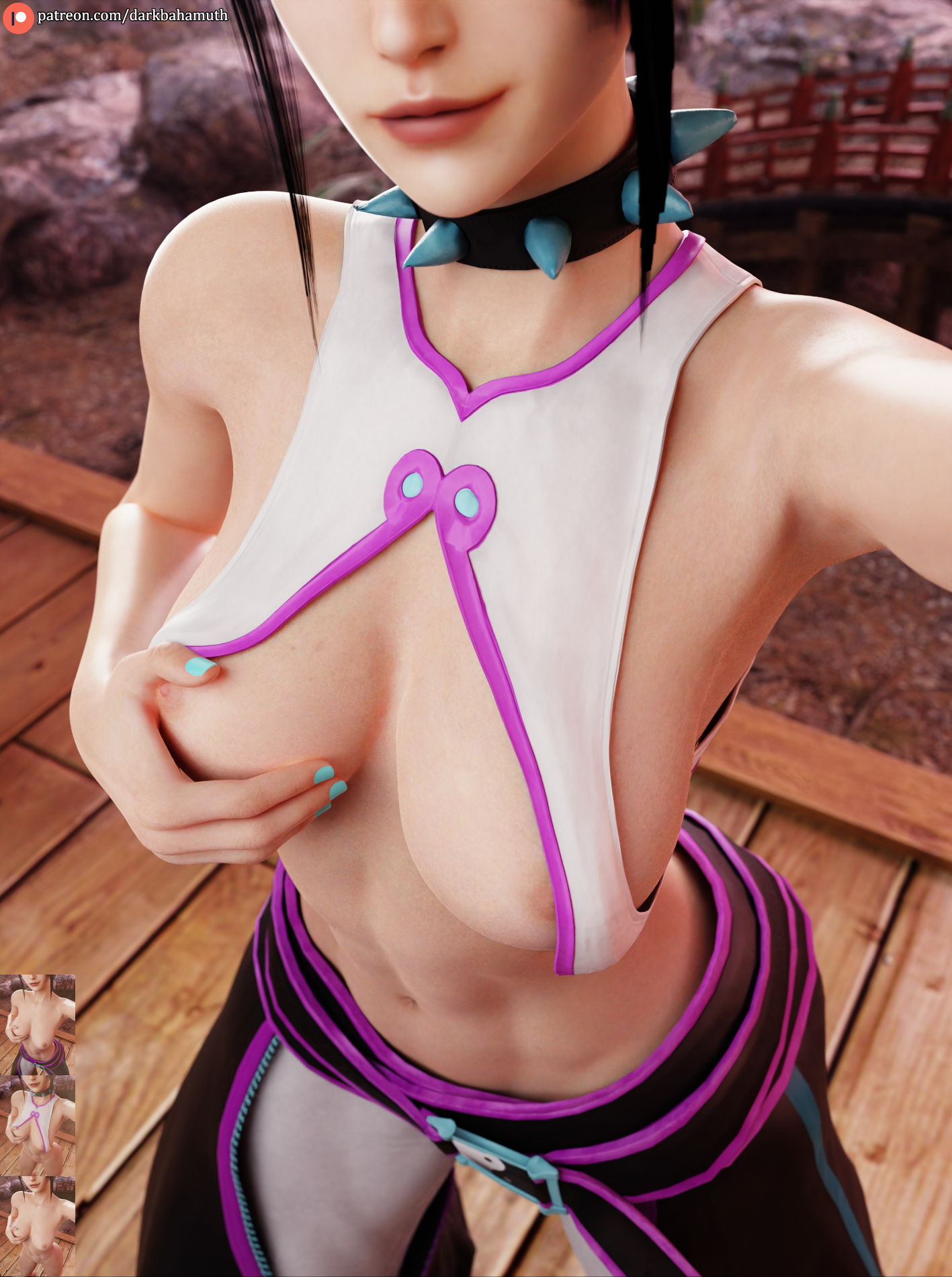 1girls, 3d, abs, breasts, darkbahamuth, female, fit, fit female, juri han, nipples, pinup, selfie, street fighter