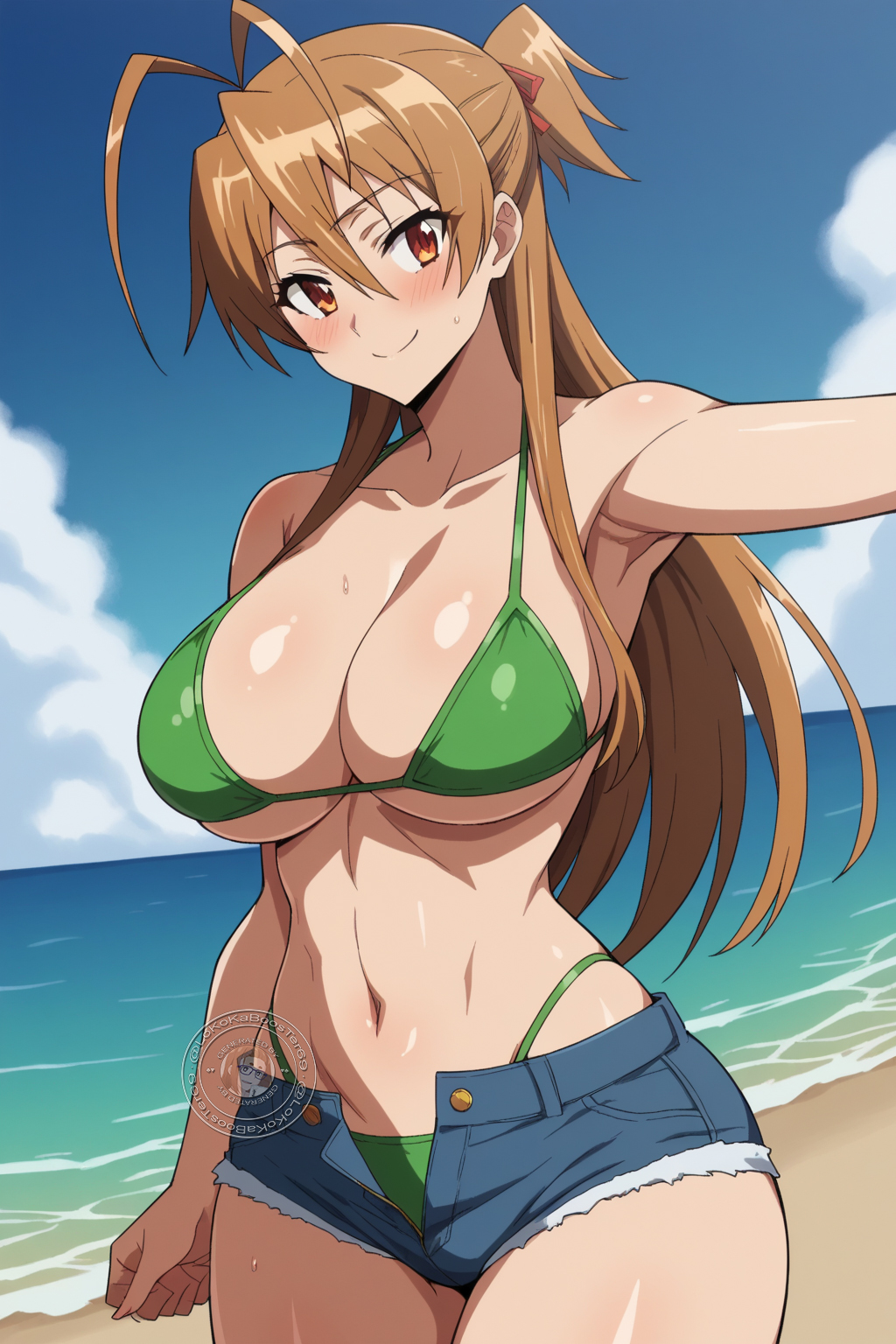 ai_generated athletic_female bare_legs big_breasts bikini bikini_top brown_eyes brunette_hair curvaceous curvy_female highschool_of_the_dead huge_breasts huge_thighs jean_shorts large_breasts light-skinned_female light_skin lokokabooster69 looking_at_viewer ponytail rei_miyamoto short_shorts smiling thick_thighs thighs very_long_hair voluptuous voluptuous_female