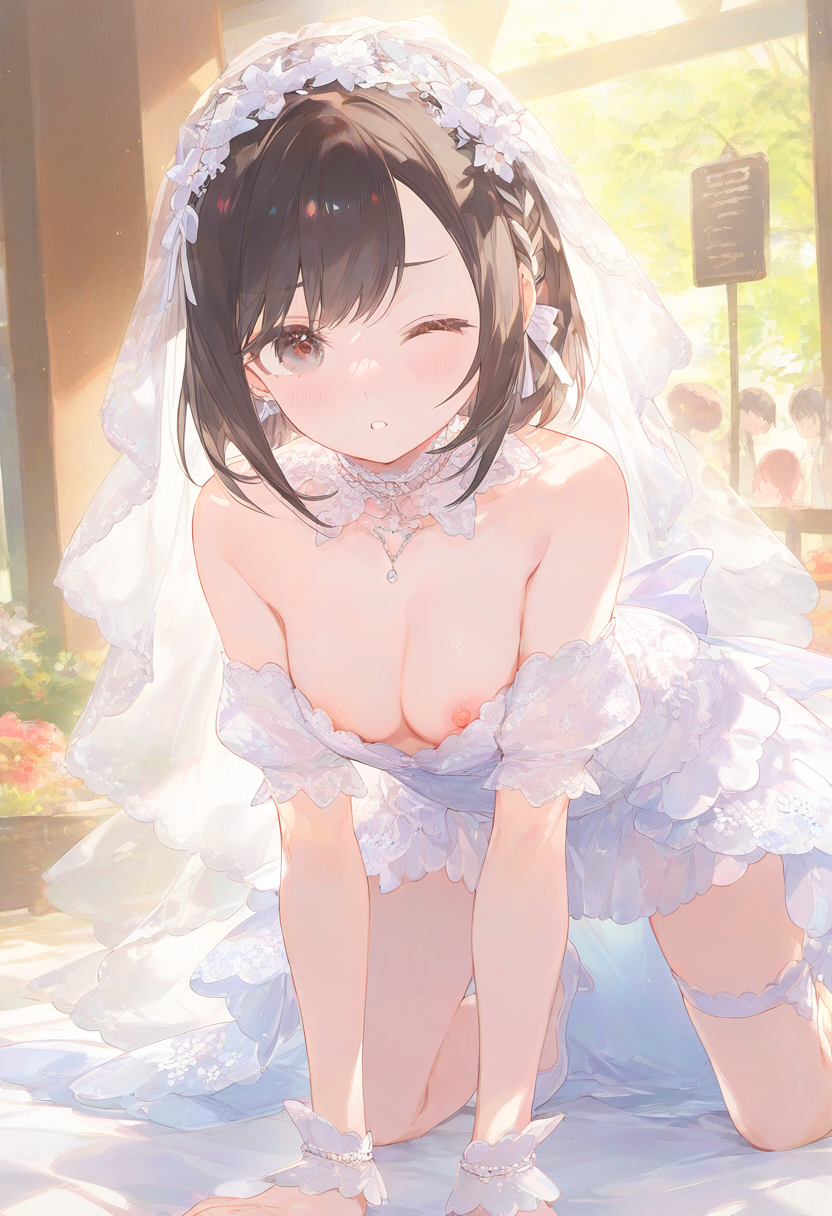 1girls ai_generated all_fours areola areola_slip areolae areolae_slip blush blush breasts breasts breasts breasts_out bride brown_eyes brown_hair clothed clothing female female_focus female_only high_resolution highres looking_at_viewer medium_breasts naked nipple_slip nipples on_all_fours one_eye_closed partially_clothed partially_clothed_female partially_nude partially_undressed pov project_sekai shinonome_ena solo solo_female solo_focus thighs tits_out wedding_dress wink winking winking_at_viewer