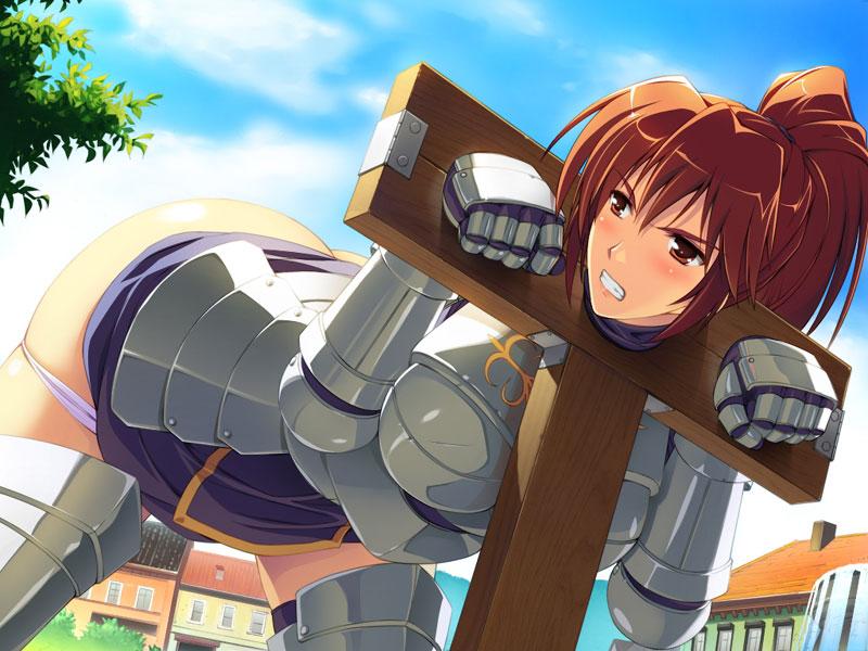 angry, armor, ass, bent over, blush, breasts, brown eyes, brown hair, clenched teeth, color, female, himekishi angelica, huge ass, huge breasts, human, imminent rape, ishigaki takashi, looking back, on back, outdoors, panties, panty pull, pillory, ponytail, public, spoils of war, stocks, tied hair, underwear