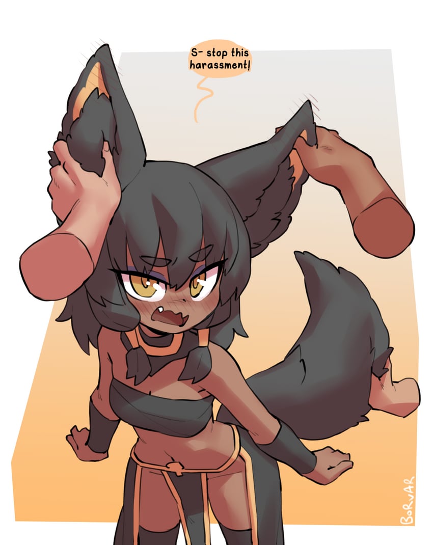 animal ears, black hair, blue eyeshadow, borvar, cute, dark skin, embarrassed, eyeshadow, fang, fangs, female, fluffy, flushed, kemonomimi, long ears, makeup, tagme, thighhighs, wholesome, yellow eyes