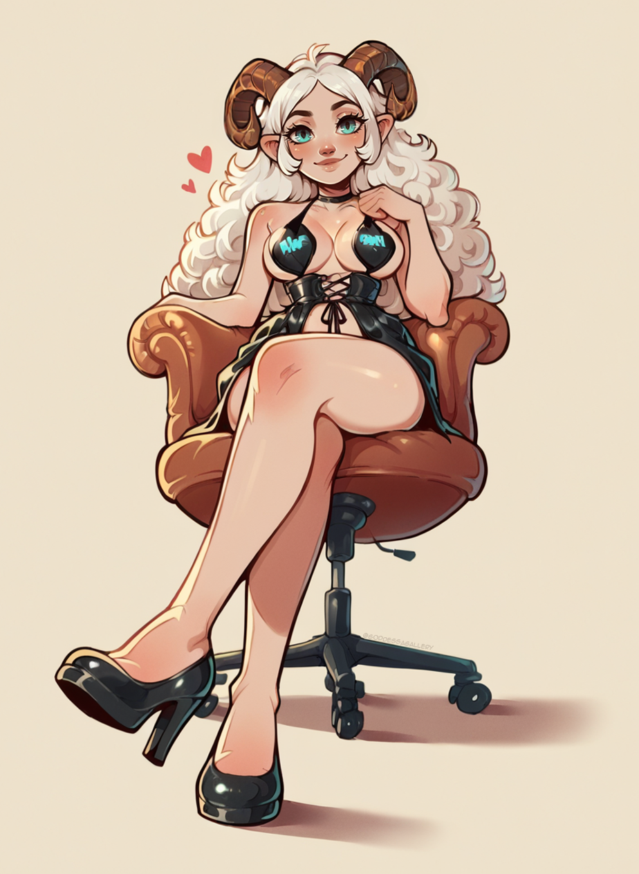 ai_generated big_breasts gabi_goddessagallery goat_horns high_heels lingerie original_character white_hair