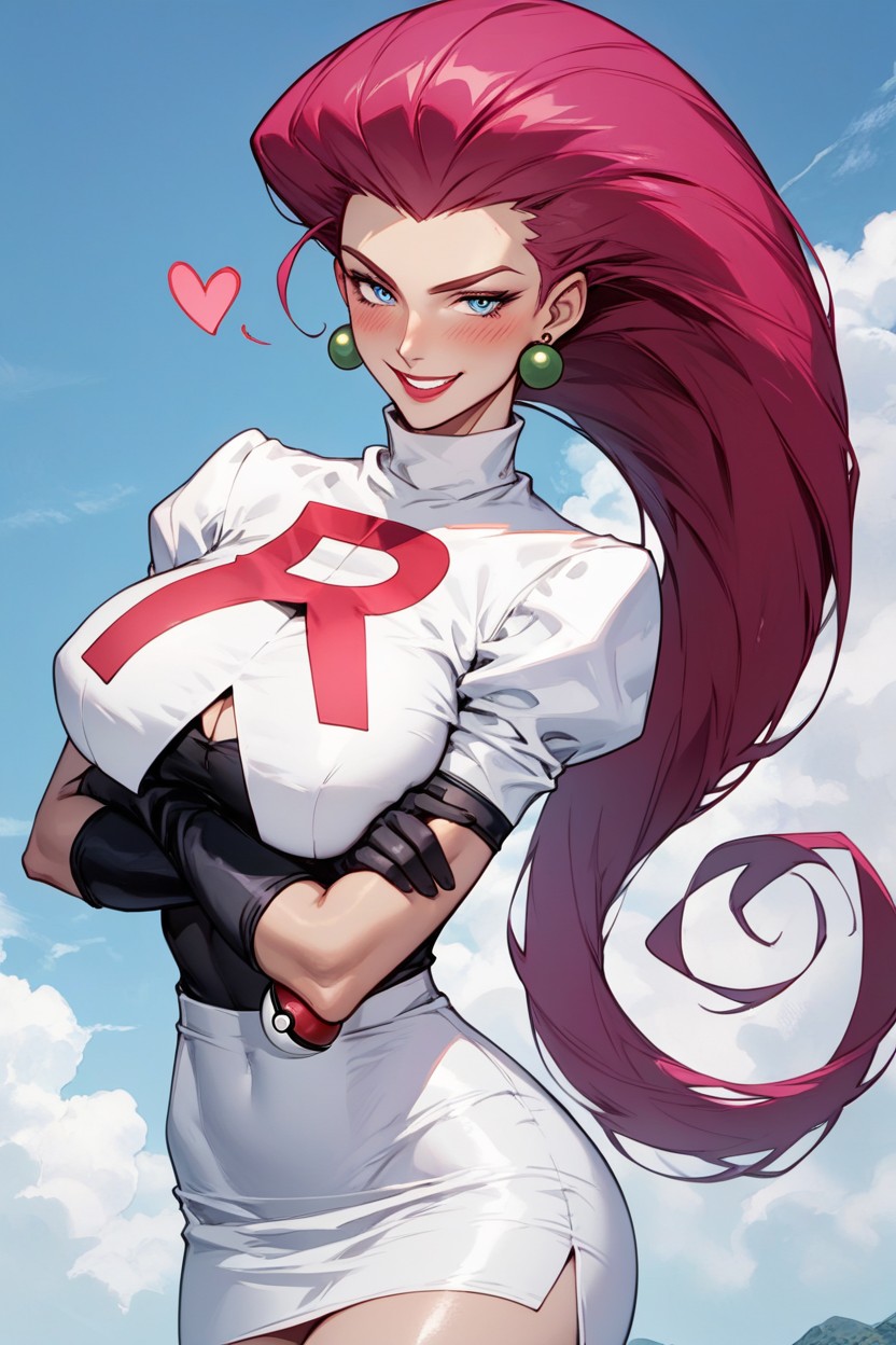 ai ai_generated arms_crossed big_breasts blue_eyes blush cloudy_sky earrings female female_focus female_only gloves hearts_around_head jessie_(pokemon) mature_female milf pokeball pokemon pose posing posing_for_picture posing_for_the_viewer red_hair red_lipstick skinny_female smiling smiling_at_viewer team_rocket thalaria!! thin_waist