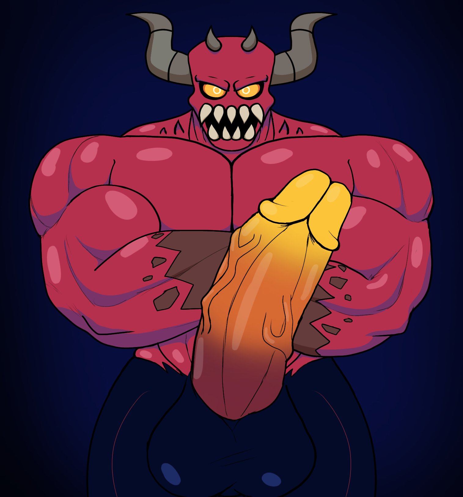 1boy, 2024, 4 horns, arms crossed, balls, big biceps, big male, big penis, completely nude, demon, demon boy, demon horns, demon humanoid, digital drawing (artwork), digital media (artwork), erect penis, erection, glans, gradient penis, grey horns, horns, huge balls, huge cock, huge testicles, humanoid genitalia, humanoid penis, large pectorals, looking at viewer, male, male focus, male humanoid, male only, moloch (spooky month), muscles, muscular, muscular arms, muscular humanoid, muscular male, nude, nude male, open mouth, penis, penis out, red body, red skin, sharp teeth, solo, solo focus, solo humanoid, solo in panel, solo male, spooky month, sr pelo, testicles, vein, veiny penis, woofyslush, yellow eyes