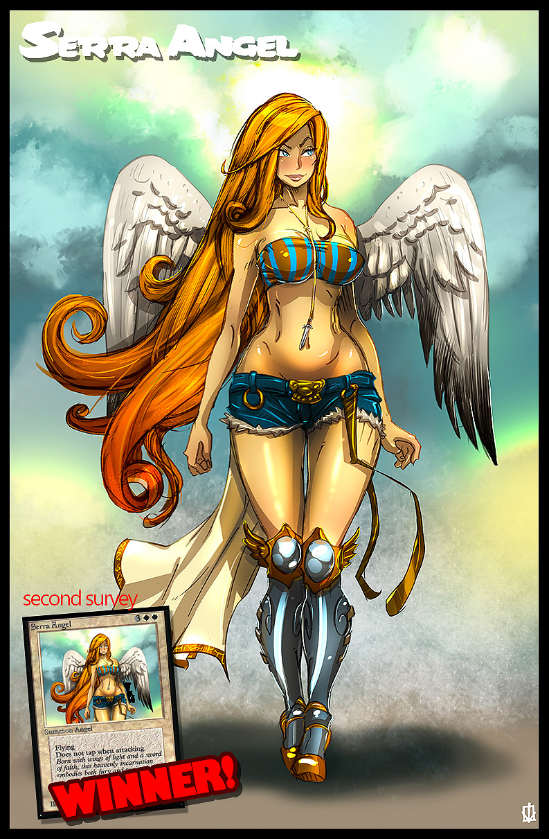 1girls, angel, angel wings, blue eyes, blush, breasts, busty, card, card (medium), cleavage, female, kamina1978, magic the gathering, no panties, red hair, serra angel, shorts, smile, strapless, strapless bra, trading card, tube top, voluptuous, wings