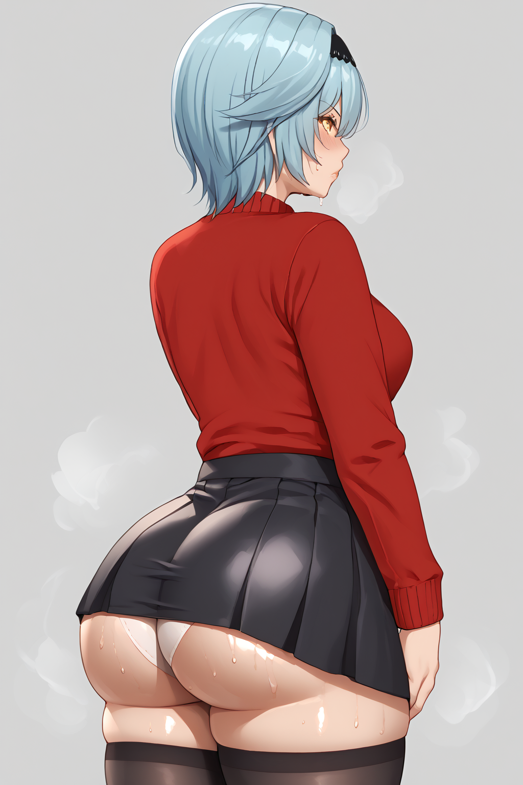 ai_generated ass bubble_butt cosplay eula_(genshin_impact) fat_ass genshin_impact huge_ass medium_breasts miniskirt panties red_sweater side_view skirt steaming_body steamy_ass steamy_breath stockings sweat sweatdrop sweaty_butt thick_thighs tight_clothing tohsaka_rin_(cosplay)