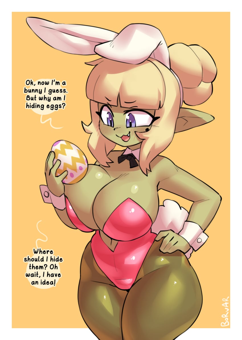 :3, blunt bangs, borvar, bunnysuit, cute, cute fang, detached collar, dot (character), egg, female, goblin, goblin female, green skin, leotard, pantyhose, tagme, wrist cuffs