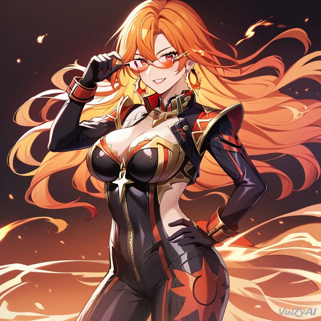 adjusting_eyewear adjusting_glasses adjusting_sunglasses ai_generated ass big_ass big_breasts breasts embarrassed female female_only genshin_impact long_hair mavuika_(genshin_impact) orange-tinted_eyewear red_hair solo solo_female sunglasses thick_thighs thighs tinted_eyewear