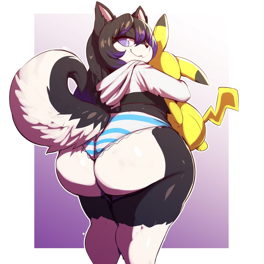 anthro big_ass big_butt femboy hoodie huge_ass hugging_object husky kino_strife looking_at_viewer panties pikachu plushie smug striped_panties thick_thighs trinity-fate62